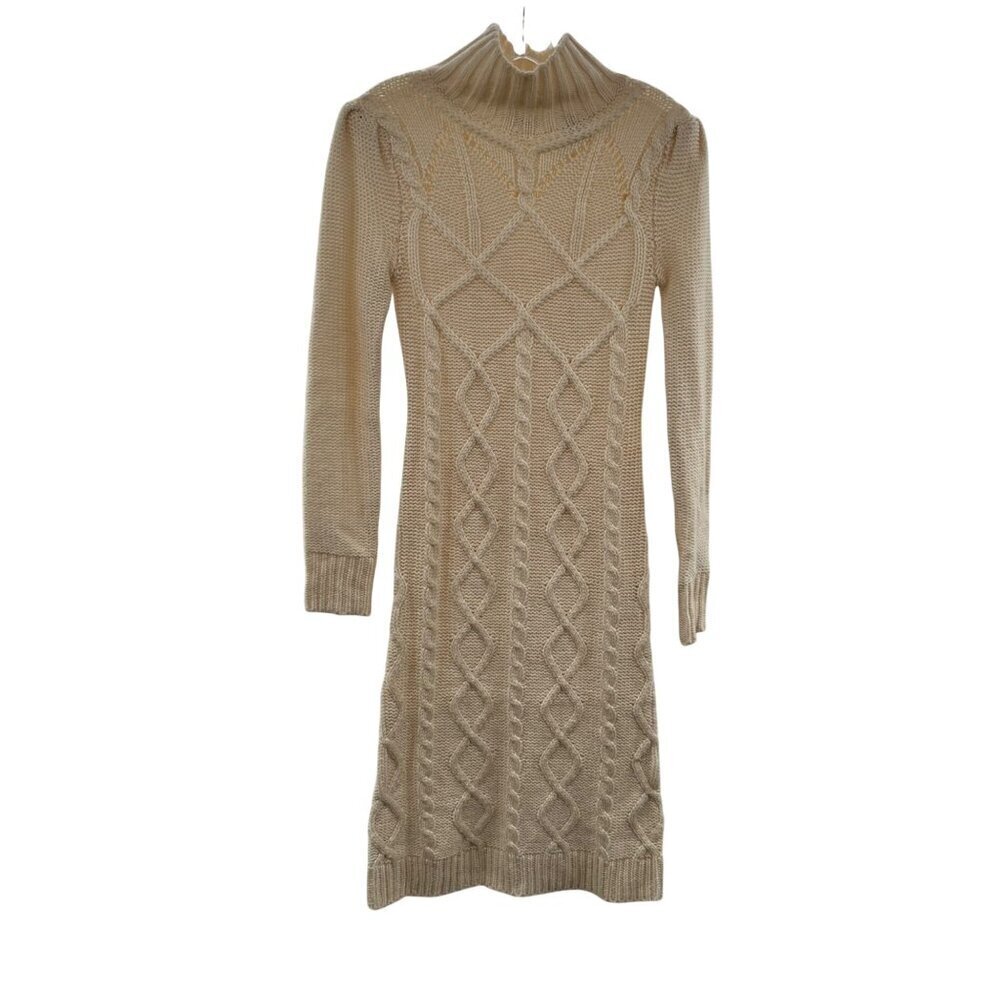 Moda International Women's Sweater Dress Midi Cable Neck Mock Neck Cream Small